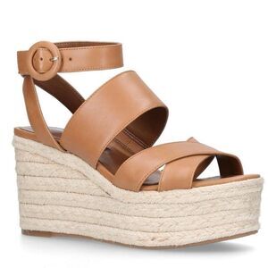 Nine West Kushala Tan Leather Espadrille Platform Woven Wedge Sandal Size 9.5